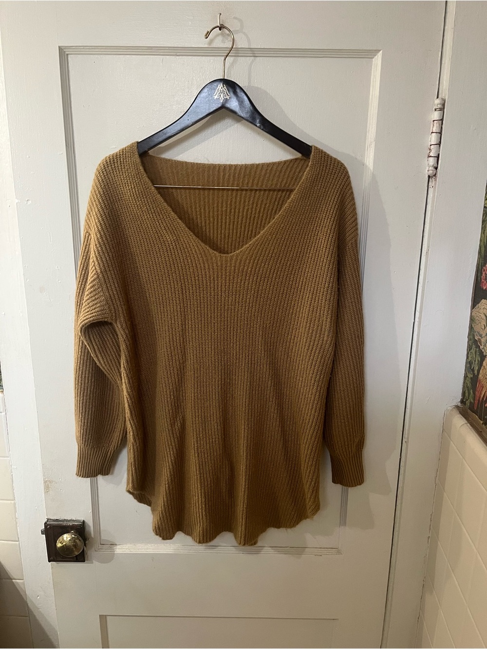 Camel Ribbed Knit V-Neck Tunic Sweater Oversized Large EUC Soft Fall